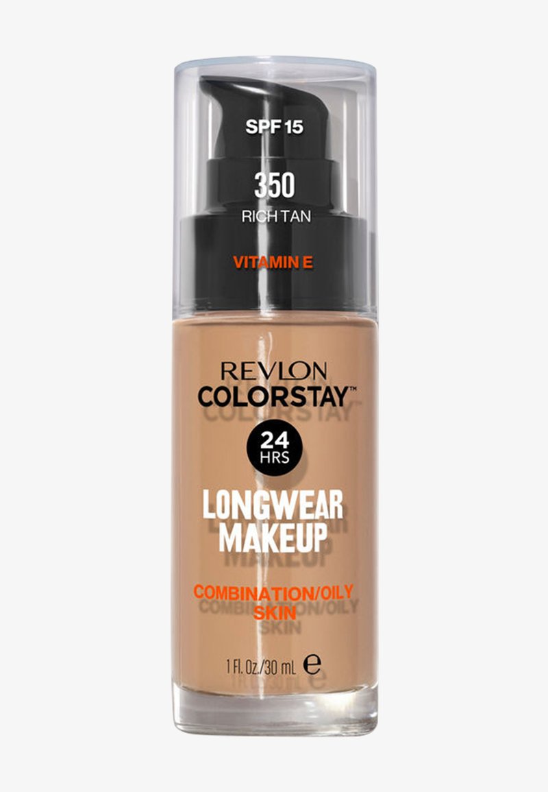 Revlon Colorstay Langtidsholdende Makeup i Rich Tan, 30 mL pumpeflaske. Indeholder SPF 15, Vitamin E og et gennemsigtigt plastlåg. Crepet tekstur.