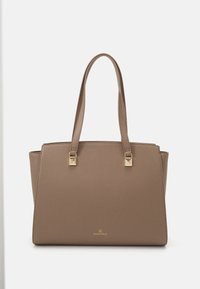 Brown faux leather tote bag with dual top handles, rectangular shape, gold-tone accent hardware, and embossed logo on the front.