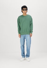 Groene katoenen sweatshirt met ronde hals, ontspannen pasvorm, geribde manchetten, gecombineerd met lichtblauwe denim jeans en witte sneakers. Zwarte zonnebril gedragen.