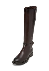 Bottines en cuir marron, montant jusqu'au genou, avec une finition lisse, un bout rond et une boucle rectangulaire sur le côté, dotées d'un petit talon empilé.