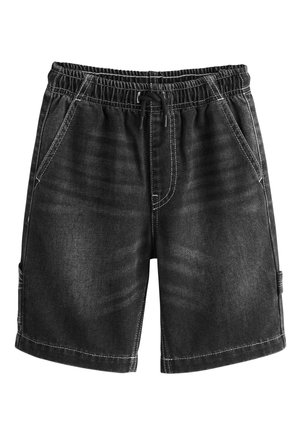 Sorte denimshorts med elastisk talje, snøre, for- og sidelommer samt synlige hvide syninger.