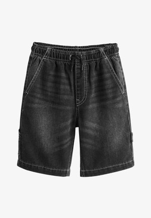 Zwarte denimshorts met een elastische tailleband, trekkoord, voor- en zijzakken en zichtbare witte stiksels.
