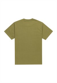 Olivengrønt bomulds T-shirt med klassisk rund hals, korte ærmer og en ensfarvet ryg. Glat tekstur, normal pasform og ingen synlig branding.