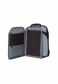Zaino grigio e nero con un ampio interno, dotato di più scomparti, tasche con cerniera e design elegante. Tessuto testurizzato.