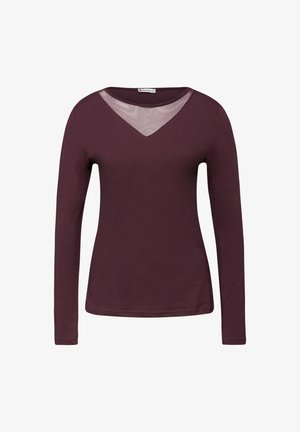 T-shirt à manches longues en bordeaux profond avec un design à col en V, doté d'un superposition en mesh transparent au niveau du décolleté. Matière douce en mélange de coton.