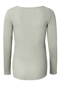 Langsleeve top in een gedempt groene ribstof, met een ronde halslijn en een nauwsluitende silhoutte. Gladde textuur met minimale accenten.