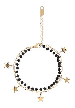 Gouden armband met kralen in zwart en vijf gouden stervormige bedels, voorzien van een verstelbare sluitingsketting en een klein rechthoekig label.