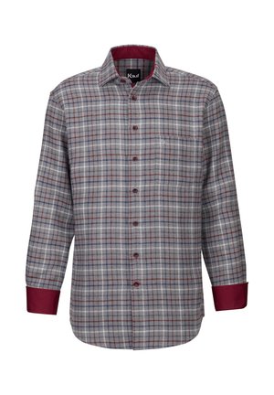 Graues Karoshirt mit weinroten Akzenten, langen Ärmeln, Button-Down-Kragen, Brusttasche und strukturiertem Stoffmuster.