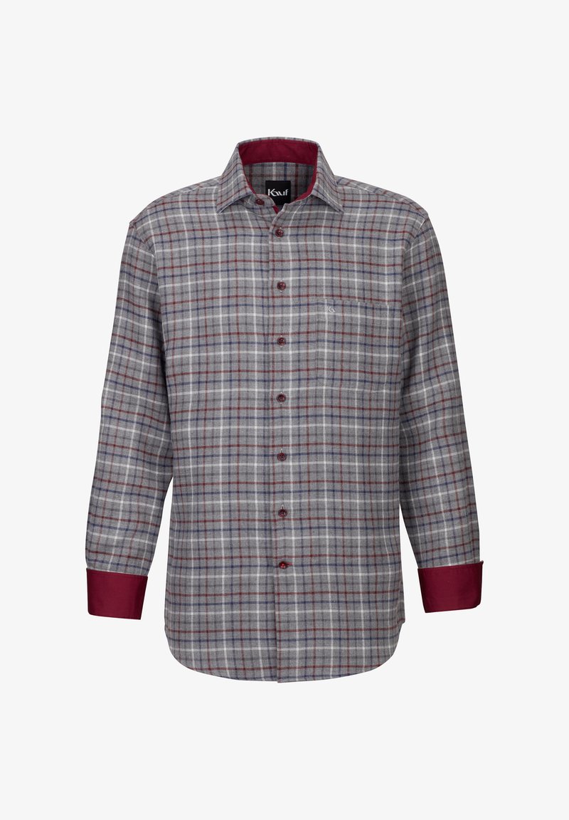 Camicia grigia a quadri con accenti bordeaux, maniche lunghe, colletto a bottoni, taschino frontale e un motivo di tessuto testurizzato.