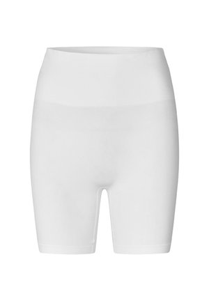 Weiße nahtlose Biker-Shorts mit hoher Taille aus elastischem Stoff, präsentiert vor einem schlichten weißen Hintergrund.