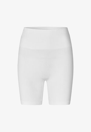 Shorts de cycliste blancs taille haute sans coutures en tissu extensible, présentés sur un fond blanc uni.