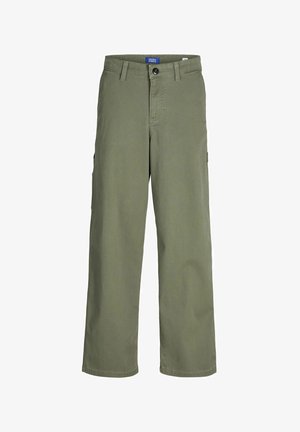 Pantalons cargo vert olive en tissu de coton, avec deux poches latérales, une fermeture à bouton et une coupe droite.