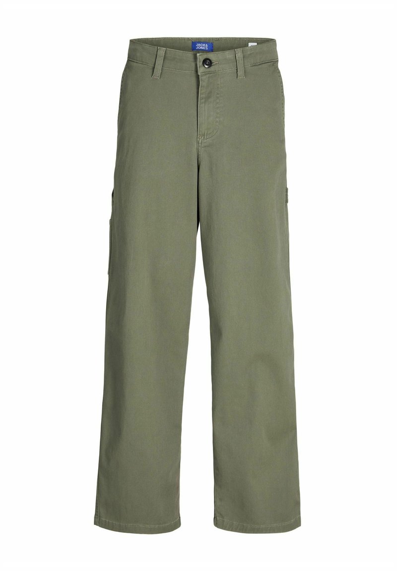 Pantalons cargo vert olive en tissu de coton, avec deux poches latérales, une fermeture à bouton et une coupe droite.