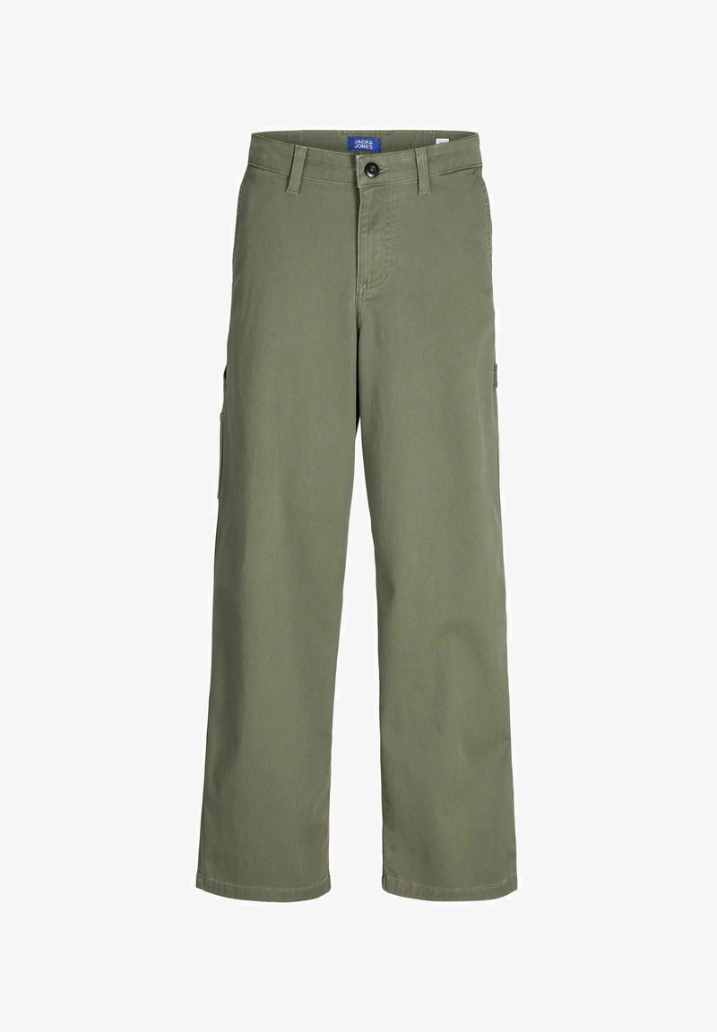 Olive green cargo pants made of cotton fabric, featuring two side pockets, a button closure, and straight-leg design.