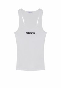 Weißes ärmelloses Tanktop aus Rippmaterial. Verfügt über einen runden Halsausschnitt und ein schwarzes "PATRIZIA PEPE"-Logo auf der Vorderseite.