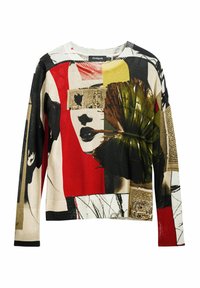 Maglione a maglia multicolore con stampe astratte di volti, fogliame e testo, con scollatura rotonda e maniche lunghe.