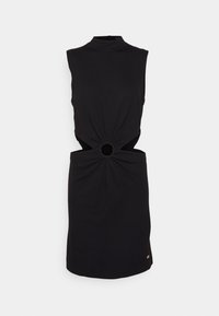 Vestido preto sem mangas com gola alta, apresentando um detalhe de nó torcido na cintura e um recorte oval. Tecido elástico, textura suave.