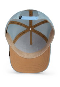 Blue mesh baseball cap with a tan brim and interior. The interior features a branded band and snapback closure. Textured fabric detail visible.