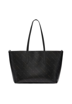 Czarna torba typu tote z dwoma długimi uchwytami, ozdobiona całkowitym ukośnym nadrukiem z logo "Liebeskind Berlin" w kolorze brązowym.