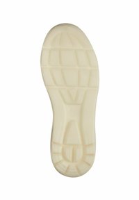 Suola di una scarpa in gomma bianco sporco con una superficie strutturata e un motivo a rete per la presa. Presenta una punta arrotondata e una zona del tallone ben definita.