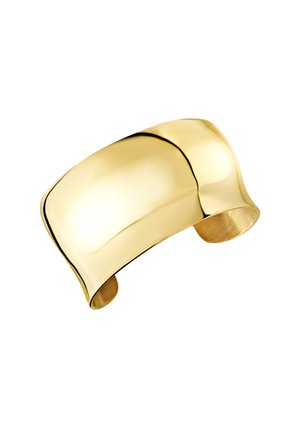 Złoty bransoletka na nadgarstek o wypolerowanej, gładkiej powierzchni. Zakrzywiony kształt, otwarte końce oraz błyszczące wykończenie podkreślają jej elegancki wygląd.