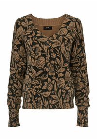 Sweter w kwiatowy wzór w ciemnozielonym i beżowym kolorze, z dekoltem w serek, długimi rękawami oraz ściągaczami przy mankietach i na dole, wykonany z miękkiego materiału.