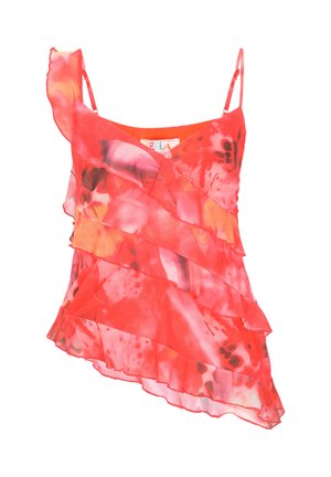 Rode en roze asymmetrische cami met geschulpte lagen en dunne verstelbare bandjes, met een aquarelachtig bloemenpatroon.