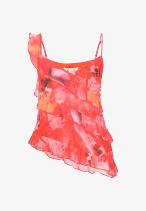 Rode en roze asymmetrische cami met geschulpte lagen en dunne verstelbare bandjes, met een aquarelachtig bloemenpatroon.