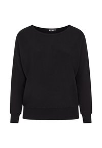 Černá mikina s dlouhým rukávem z měkké látky; má kulatý výstřih, volný střih a žebrované lemy na rukávech a spodním okraji pro pohodlné nošení.