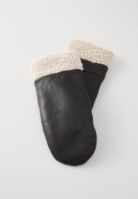 Sorte læderhandsker med en blød, cremefarvet shearling-manchet. Glat tekstur med rund form og ingen ekstra mønstre eller accenter.