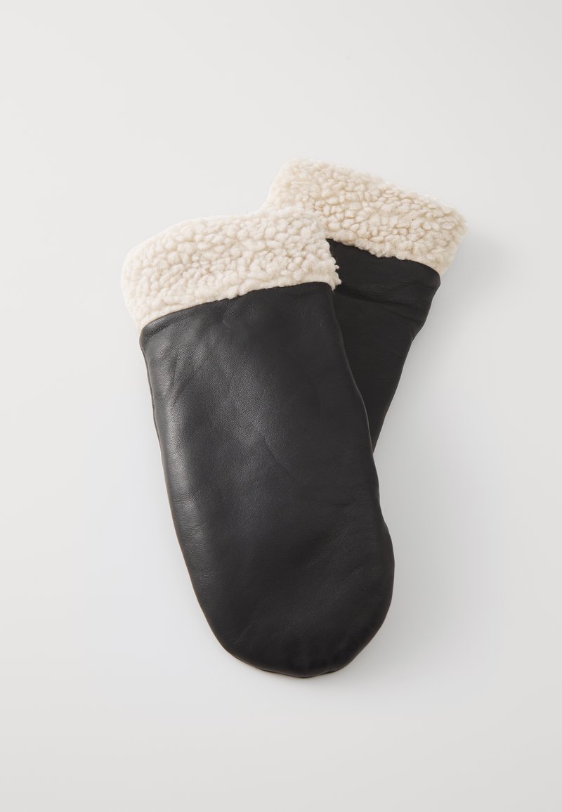 Schwarze Lederhandschuhe mit cremefarbener, flauschiger Innenausstattung, runder Form und weicher Textur, entworfen für Wärme und Komfort.