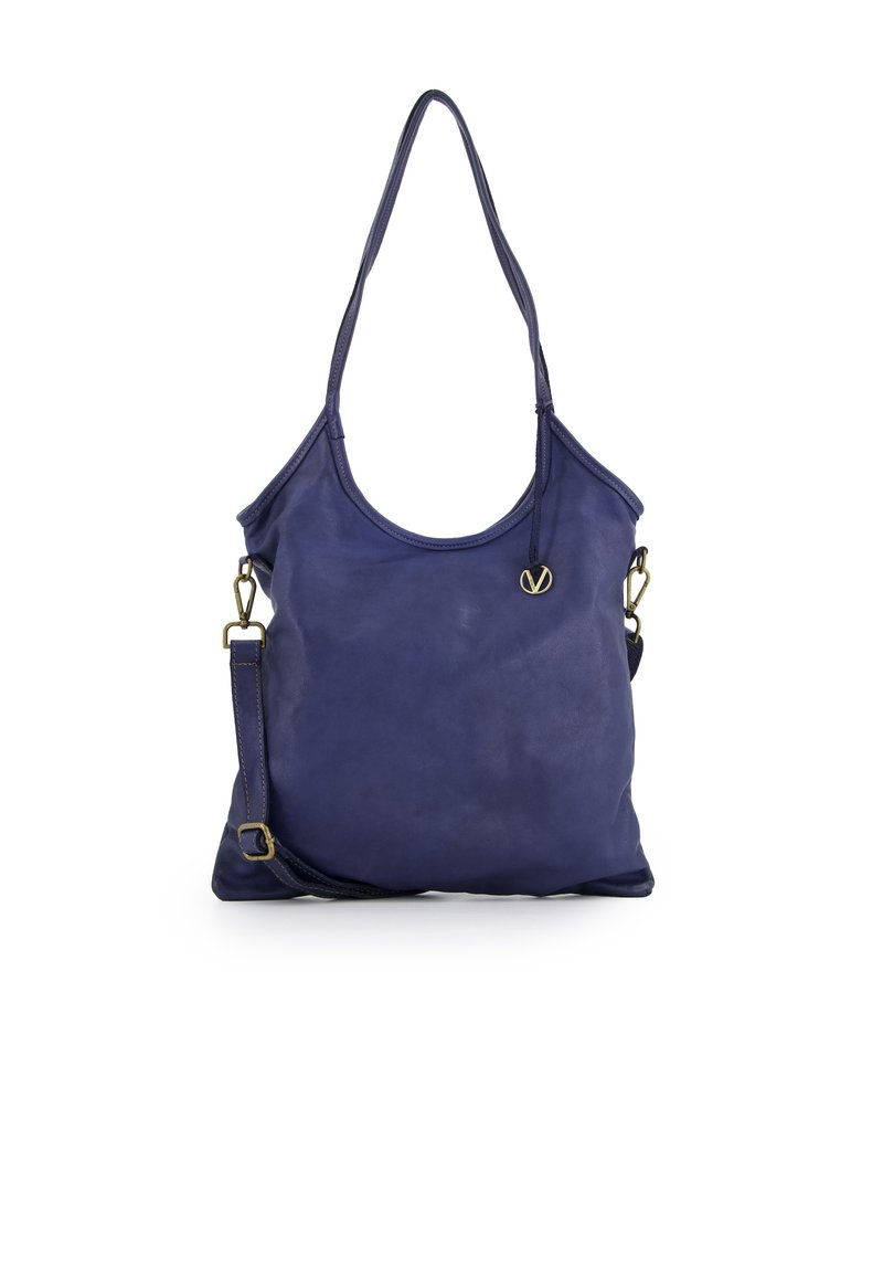 Navy leren tote bag met twee schouderbanden, een gladde textuur, een ronde bovenkant en een klein gouden logo-accent aan de voorkant.