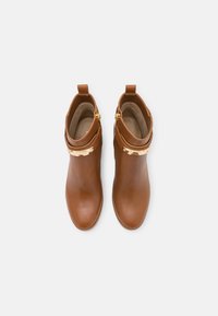 Botas de tobillo de cuero marrón con un acabado suave, que presentan una tira de acento dorado y una pestaña en la parte posterior para facilitar su uso.