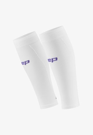 White compression sleeves made of ribbed fabric, featuring a purple logo. They are designed with snug-fitting, smooth texture and seamless edges.