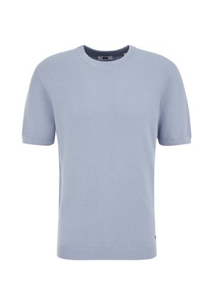 Jasnoniebieski sweter na krótki rękaw z dzianiny z teksturowanym wzorem wafla, z okrągłym dekoltem oraz ściągaczami na rękawach i na dole.