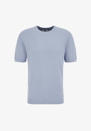 Hele sinine lühikeste varrukatega kampsun, millel on tekstuuriga vahvelmustriga kudum, ümar kaelus ning soonikutega varrukaotsad ja alumine serv.