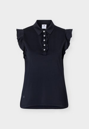 Čierne tielkové polotriko s riasenou gombíkovou légou a riasenými krátkymi rukávmi, vyrobené z hladkej látky.