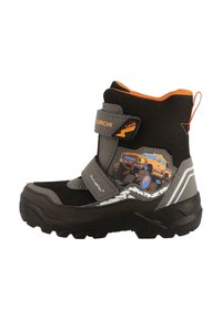 Černá a šedá dětská zateplená bota s páskem na suchý zip, se vzorem barevného vozidla a texturovanou gumovou podrážkou.