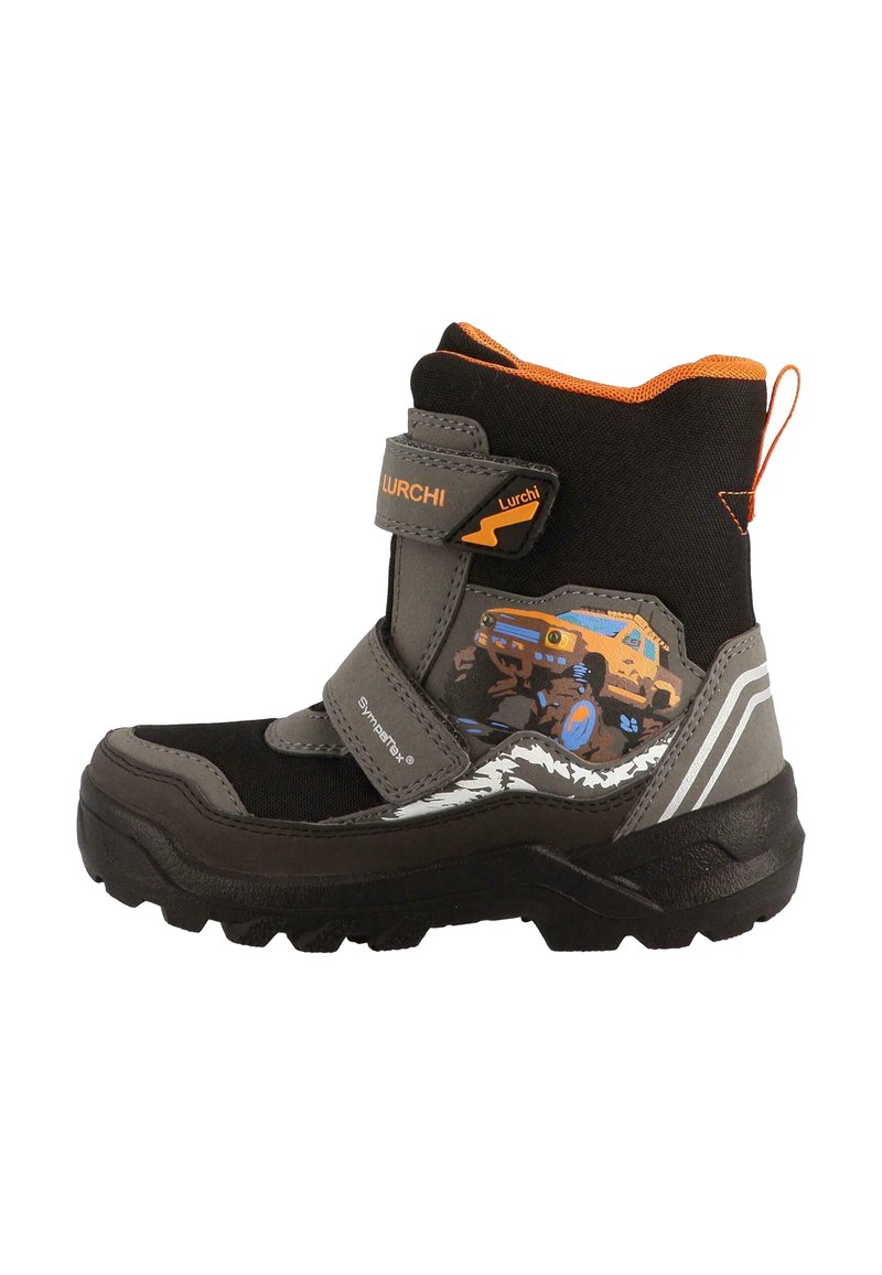 Černá a šedá dětská zateplená bota s páskem na suchý zip, se vzorem barevného vozidla a texturovanou gumovou podrážkou.