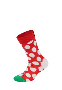 Red sock with white polka dots, featuring a green toe. Small snowman design above the ankle adds a festive touch.