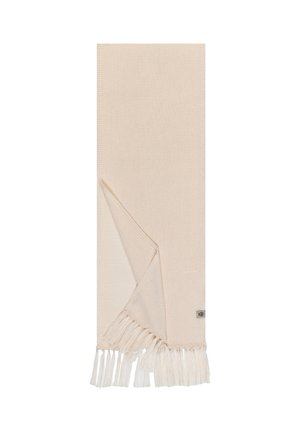 Beige woven textile scarf with fringed ends and a small fabric tag on the corner, folded to show both sides.