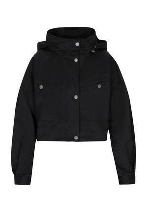 Black cropped jacket with a hood, featuring silver snap buttons, two chest pockets, and long sleeves with cuffs. Smooth texture and minimal design.