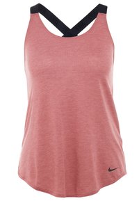 Haut de sport sans manches rose avec des bretelles noires croisées dans le dos et un petit logo Nike noir sur le bas droit à l'avant.