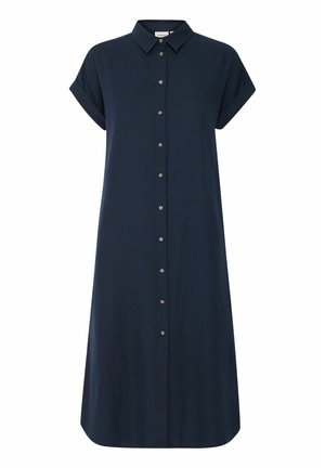 Tumedat sinelised linane kleit lühikeste keeratud varrukatega, nuppe ees ja sirge siluett. Omab klassikalist kraed ja õrna läiget.