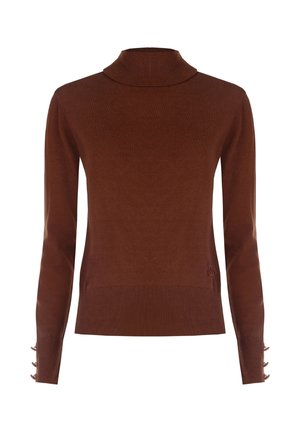 Brauner Strickpullover mit Rollkragen, langen Ärmeln, gerippten Bündchen und einem gerippten Saum. Mit Knopfakzenten an den Ärmeln und einem dezenten Logo.
