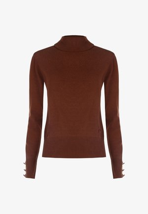 Pull en maille brun à col roulé avec des manches longues, des poignets côtelés et un ourlet côtelé. Il présente des accents de boutons sur les manches et un logo discret.