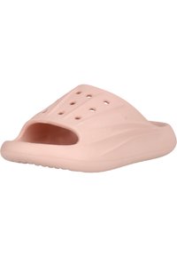 Lyserød letvægts slidesandal med åben tå, perforeret design for ventilation, struktureret indvendig side og rippet sål for godt greb.
