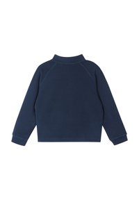 Felpa in pile blu navy con colletto, maniche raglan lunghe e polsini a costine. Texture liscia e design minimalista.