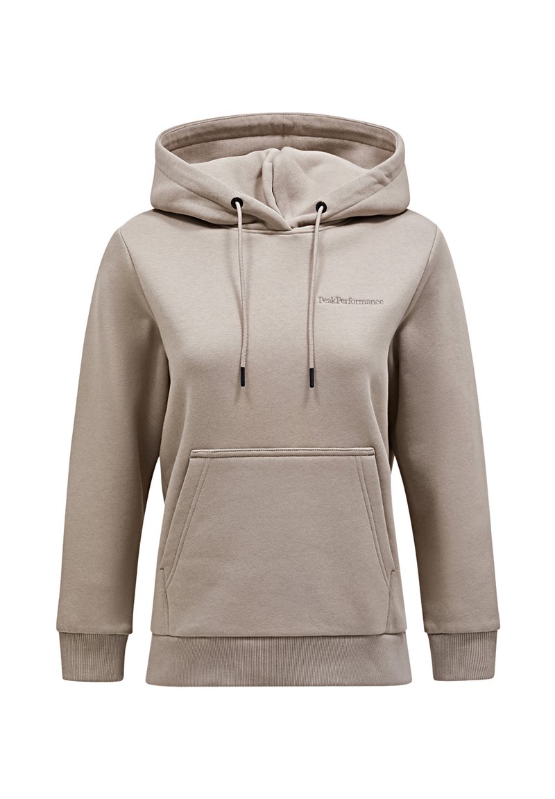 Beige hoodie i mjukt material, med en framficka, dragsko i huvan och ribbade ärmslut samt en liten logo på bröstet.