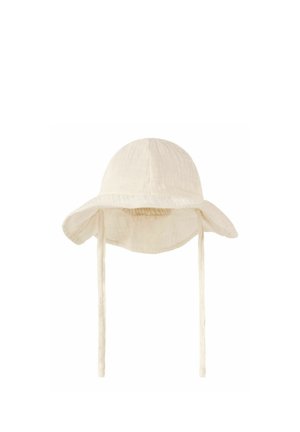 Cream-colored soft fabric sun hat with wide brim and long chin straps, designed for child or baby use.